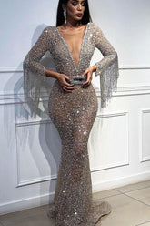 Charming Long Sleeves Mermaid Evening Dress With Sequins Beads and Tassels